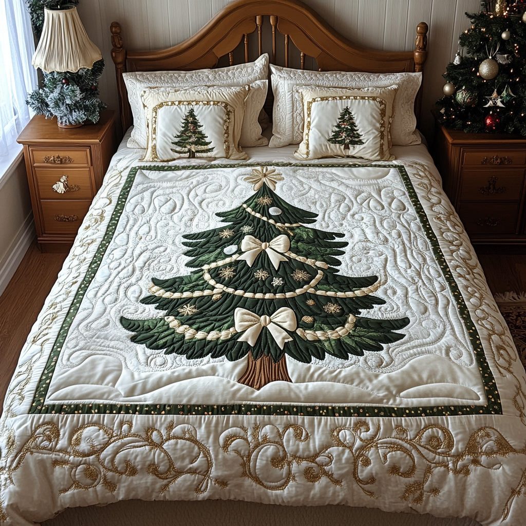 Yuletide Charm quilted 3-piece bedding set on a made bed with two matching pillow shams