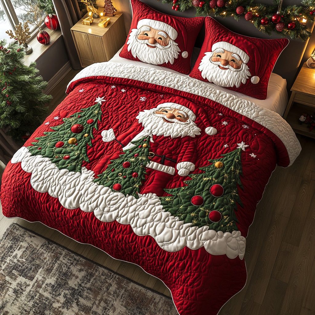 Yuletide Cheer quilted 3-piece bedding set on a made bed with two matching pillow shams