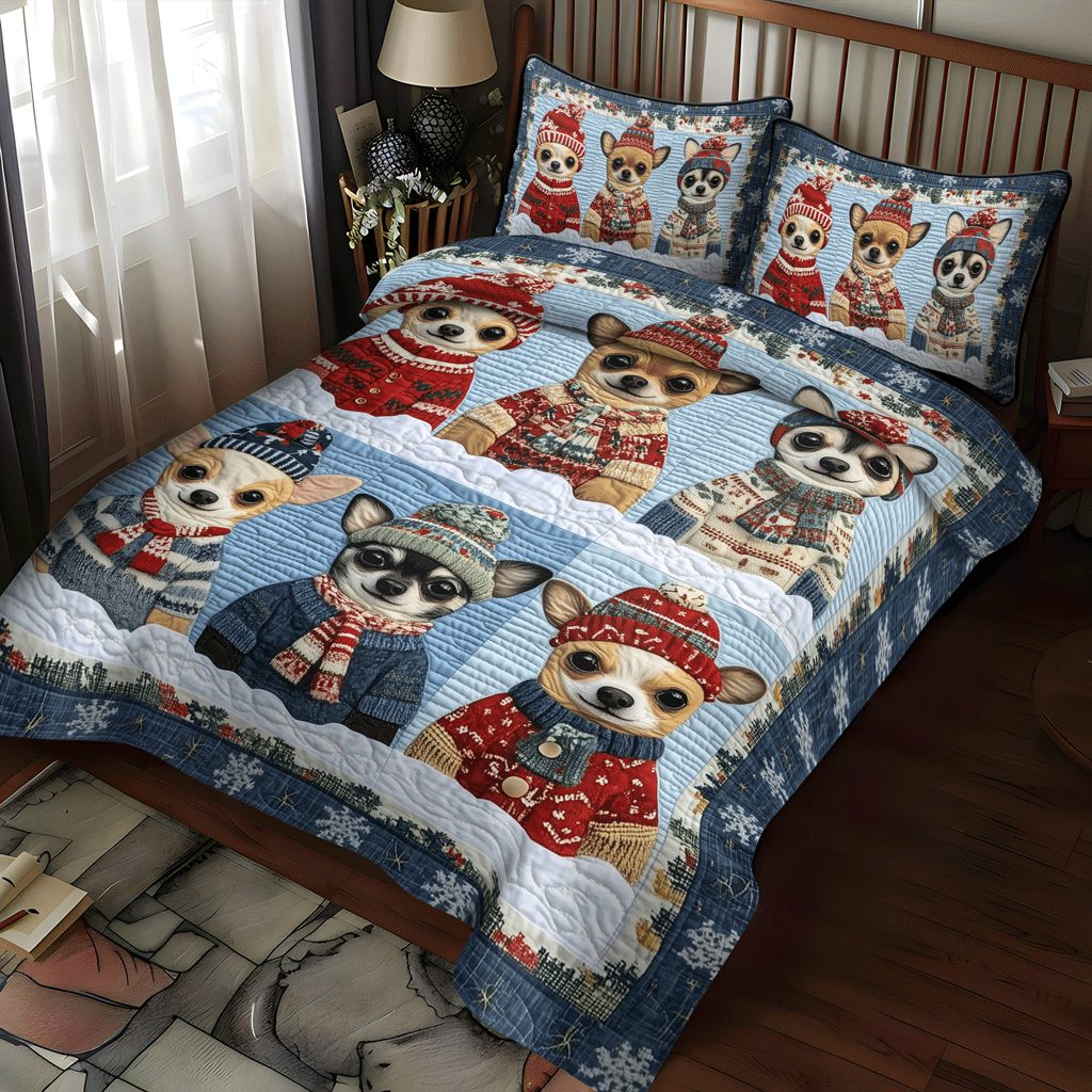 Yuletide Chihuahuas quilted 3-piece bedding set on a made bed with two matching pillow shams