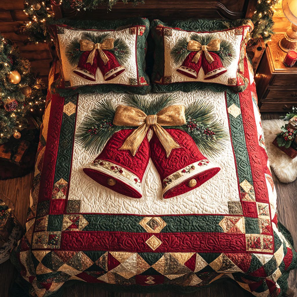 Yuletide Chime quilted 3-piece bedding set on a made bed with two matching pillow shams