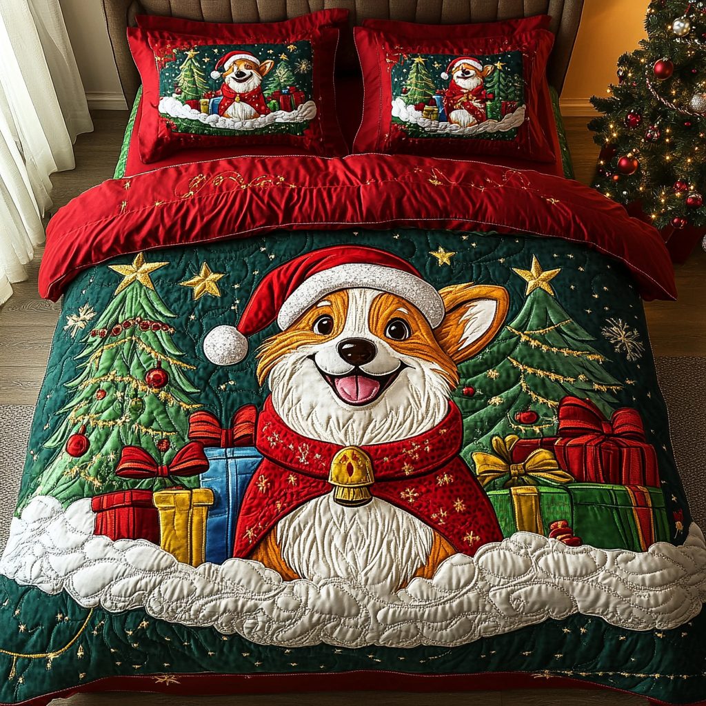 Yuletide Corgi quilted 3-piece bedding set on a made bed with two matching pillow shams
