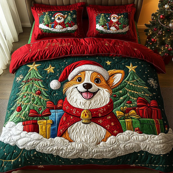 Yuletide Corgi quilted 3-piece bedding set on a made bed with two matching pillow shams