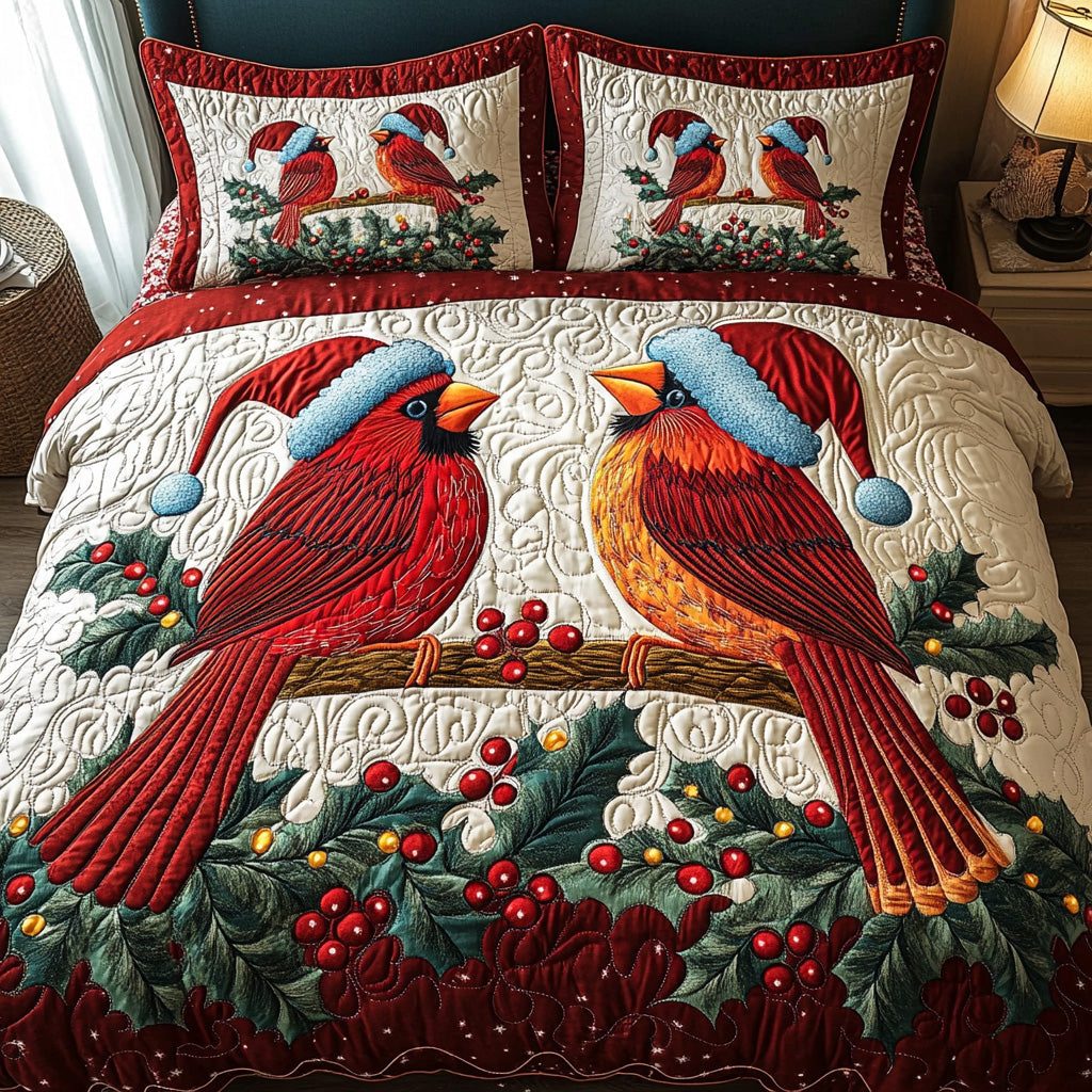 Yuletide Duet quilted 3-piece bedding set on a made bed with two matching pillow shams