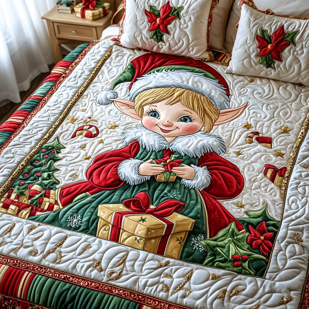 Yuletide Elf quilted 3-piece bedding set on a made bed in a winter-styled bedroom