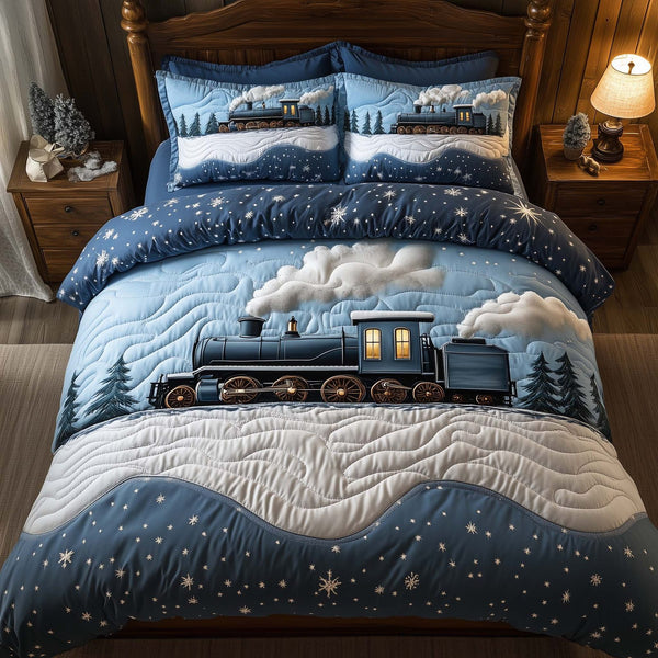Yuletide Express quilted 3-piece bedding set on a made bed with two matching pillow shams