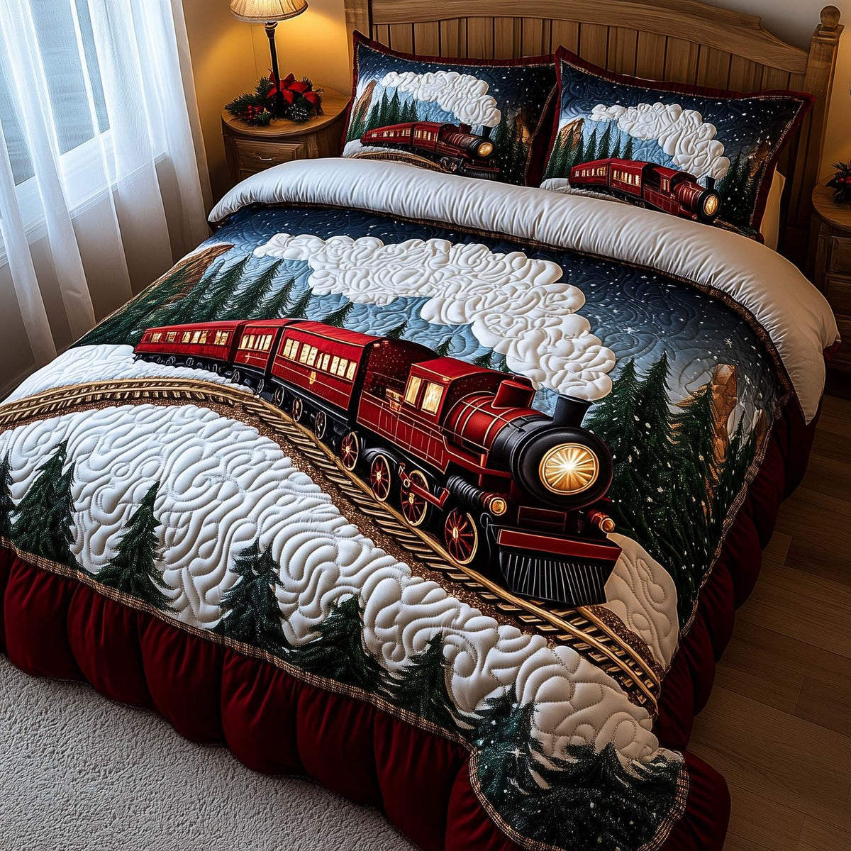 Yuletide Express quilted 3-piece bedding set on a made bed with two matching pillow shams