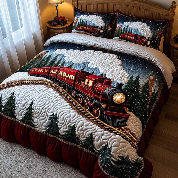 Yuletide Express quilted 3-piece bedding set on a made bed with two matching pillow shams