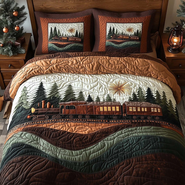 Yuletide Express quilted 3-piece bedding set on a made bed with two matching pillow shams