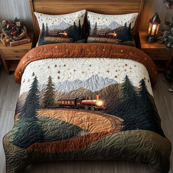 Yuletide Express quilted 3-piece bedding set on a made bed with two matching pillow shams