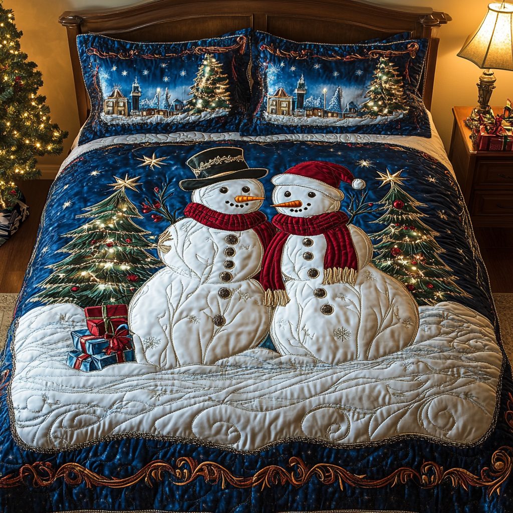 Yuletide Frost quilted 3-piece bedding set on a made bed in a winter-styled bedroom