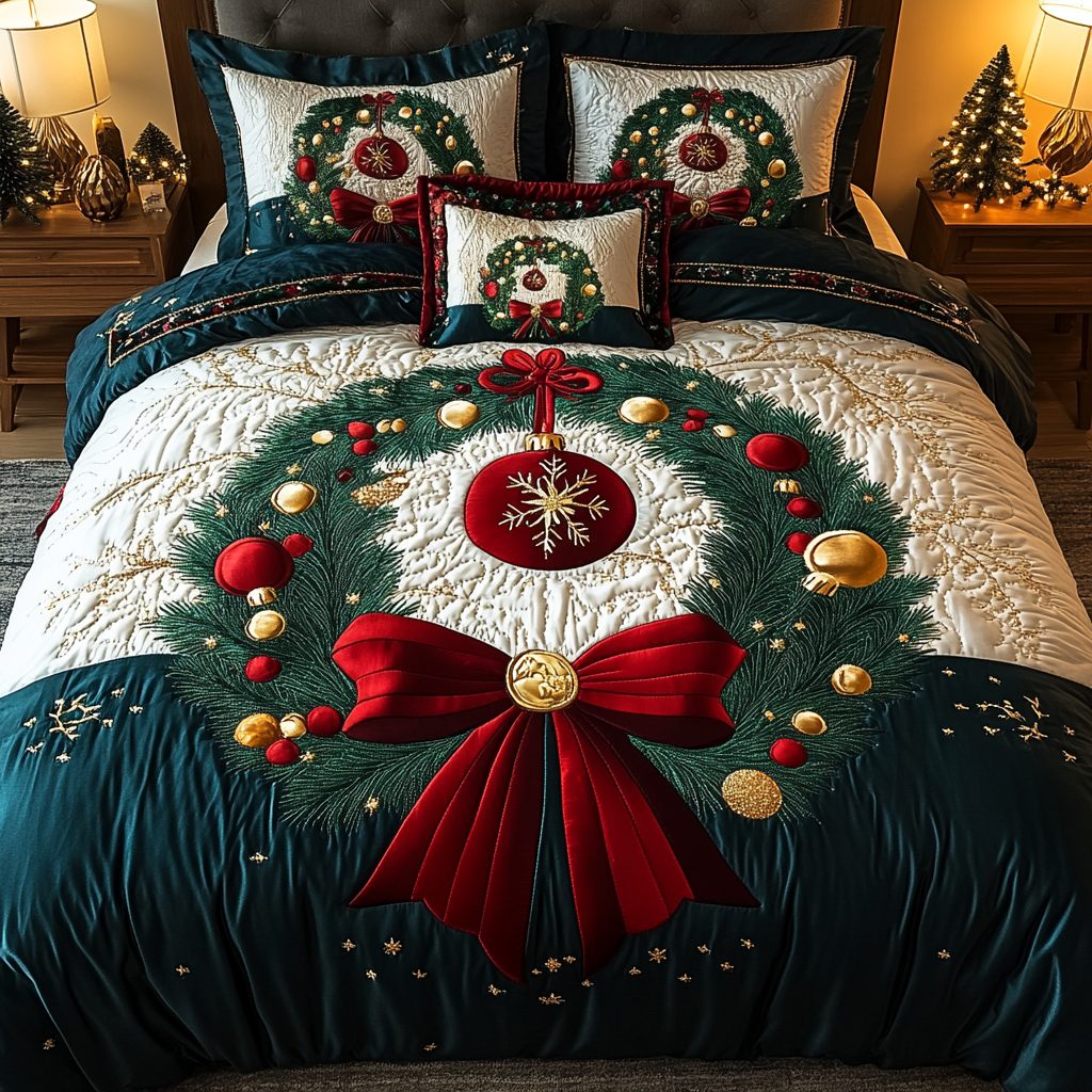 Yuletide Gemstone quilted 3-piece bedding set on a made bed with two matching pillow shams