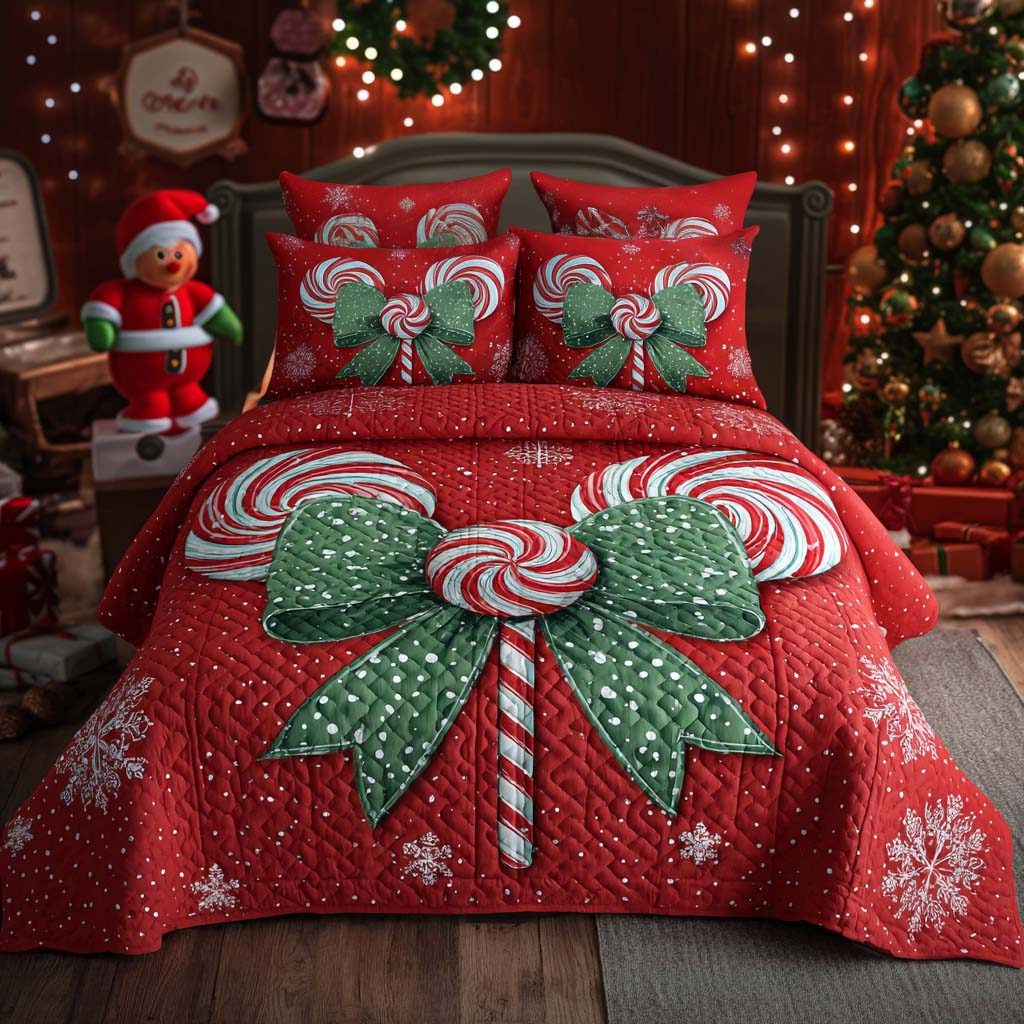 Yuletide Gift Wrap quilted 3-piece bedding set on a made bed with two matching pillow shams