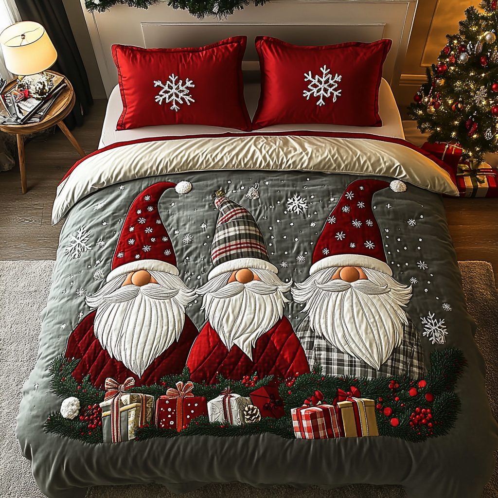 Yuletide Gnomes quilted 3-piece bedding set on a made bed with two matching pillow shams
