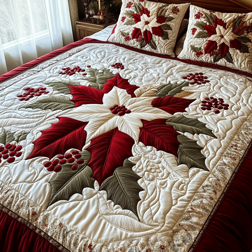 Yuletide Greetings quilted 3-piece bedding set on a made bed with two matching pillow shams
