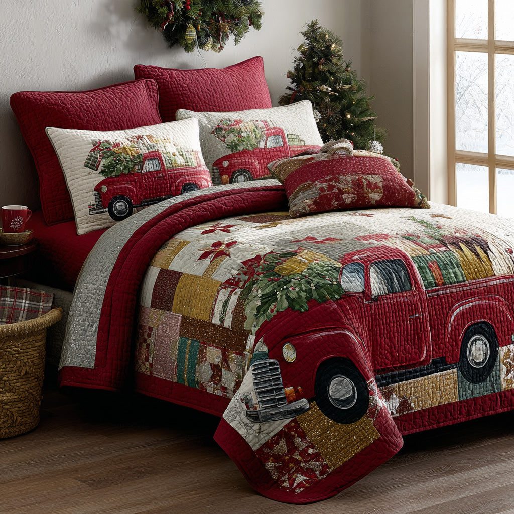 Yuletide Journey quilted 3-piece bedding set on a made bed with two matching pillow shams