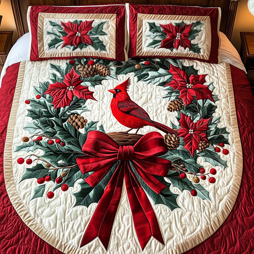 Yuletide Journey quilted 3-piece bedding set on a made bed with two matching pillow shams