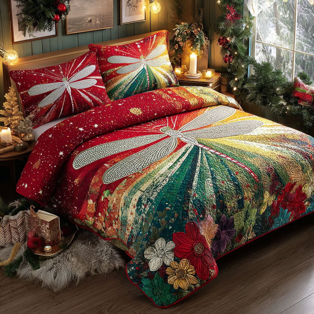 Yuletide Lightwing quilted 3-piece bedding set on a made bed with two matching pillow shams
