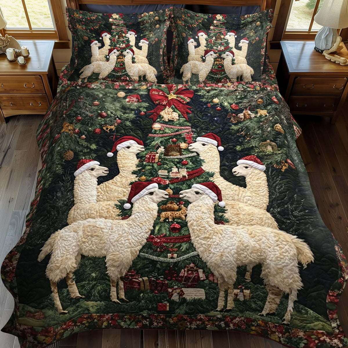 Yuletide Llamas quilted 3-piece bedding set on a made bed with two matching pillow shams