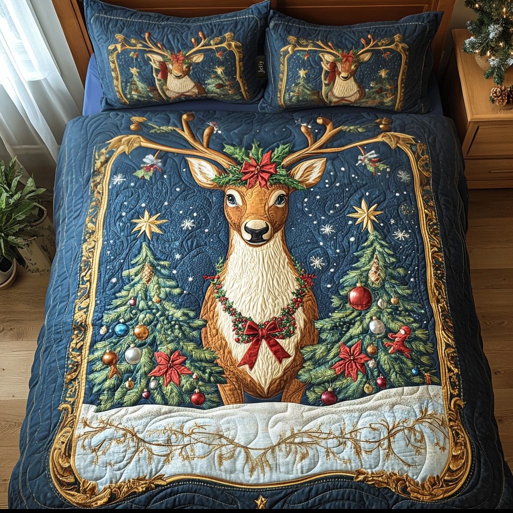 Yuletide Majesty quilted 3-piece bedding set on a made bed with two matching pillow shams