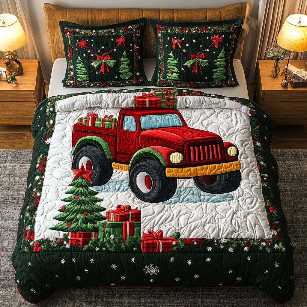 Yuletide Monster quilted 3-piece bedding set on a made bed with two matching pillow shams