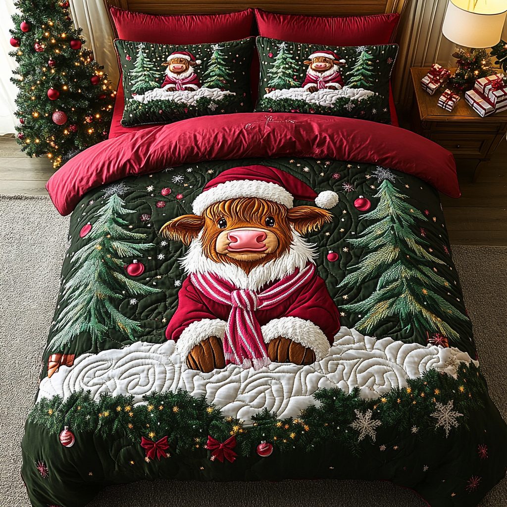 Yuletide Moo quilted 3-piece bedding set on a made bed with two matching pillow shams