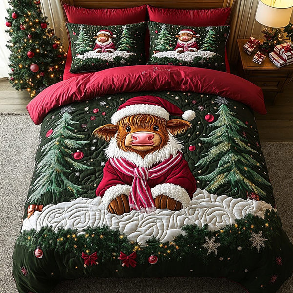 Yuletide Moo quilted 3-piece bedding set on a made bed with two matching pillow shams
