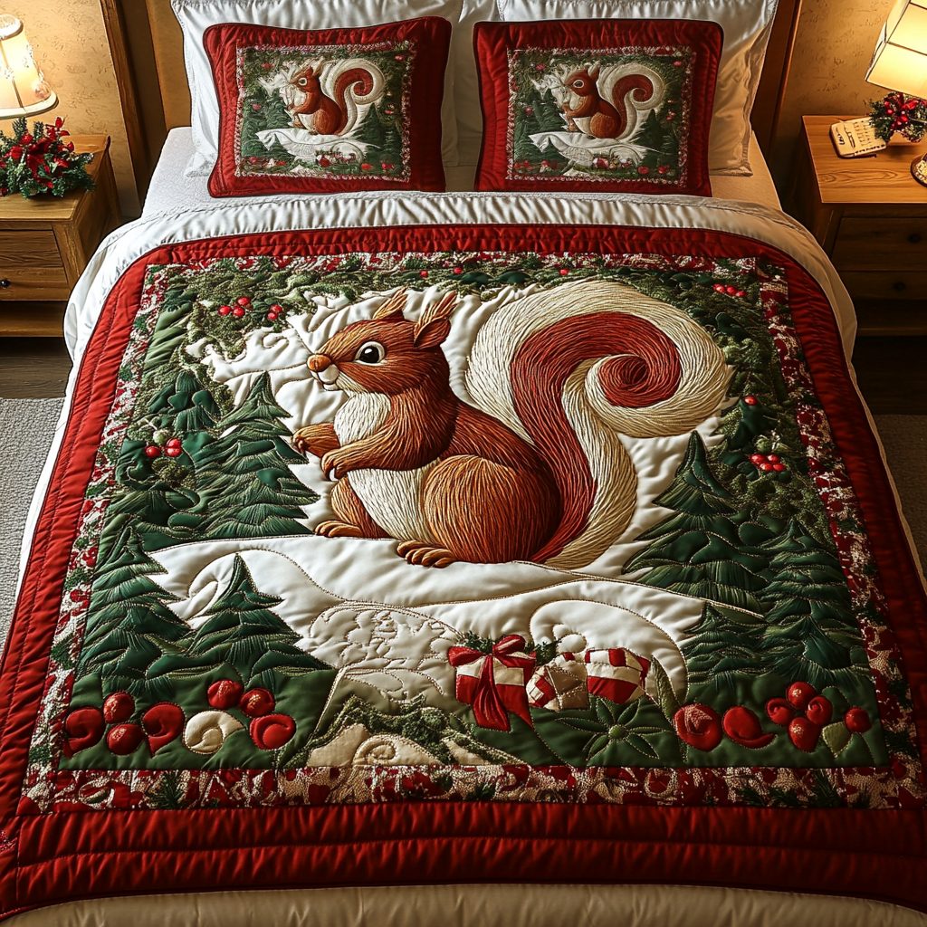 Yuletide Nut quilted 3-piece bedding set on a made bed with two matching pillow shams