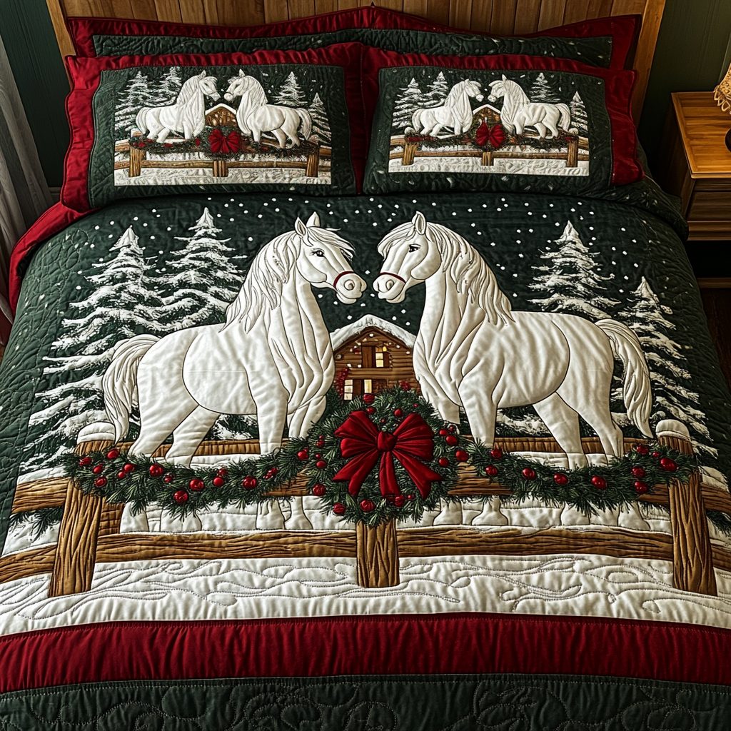 Yuletide Pair quilted 3-piece bedding set on a made bed with two matching pillow shams
