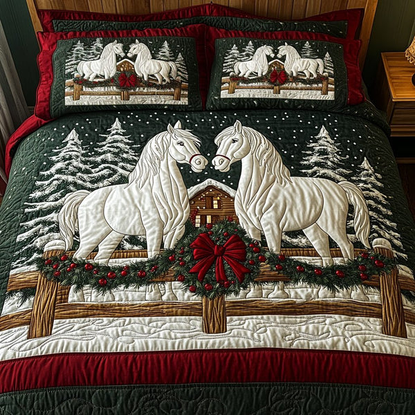 Yuletide Pair quilted 3-piece bedding set on a made bed with two matching pillow shams