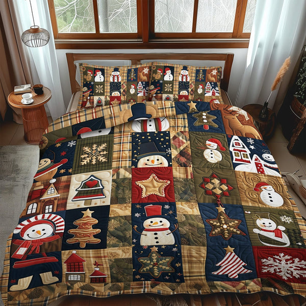 Yuletide Patchwork quilted 3-piece bedding set on a made bed in a farmhouse bedroom