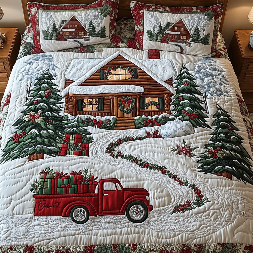Yuletide Path quilted 3-piece bedding set on a made bed with two matching pillow shams