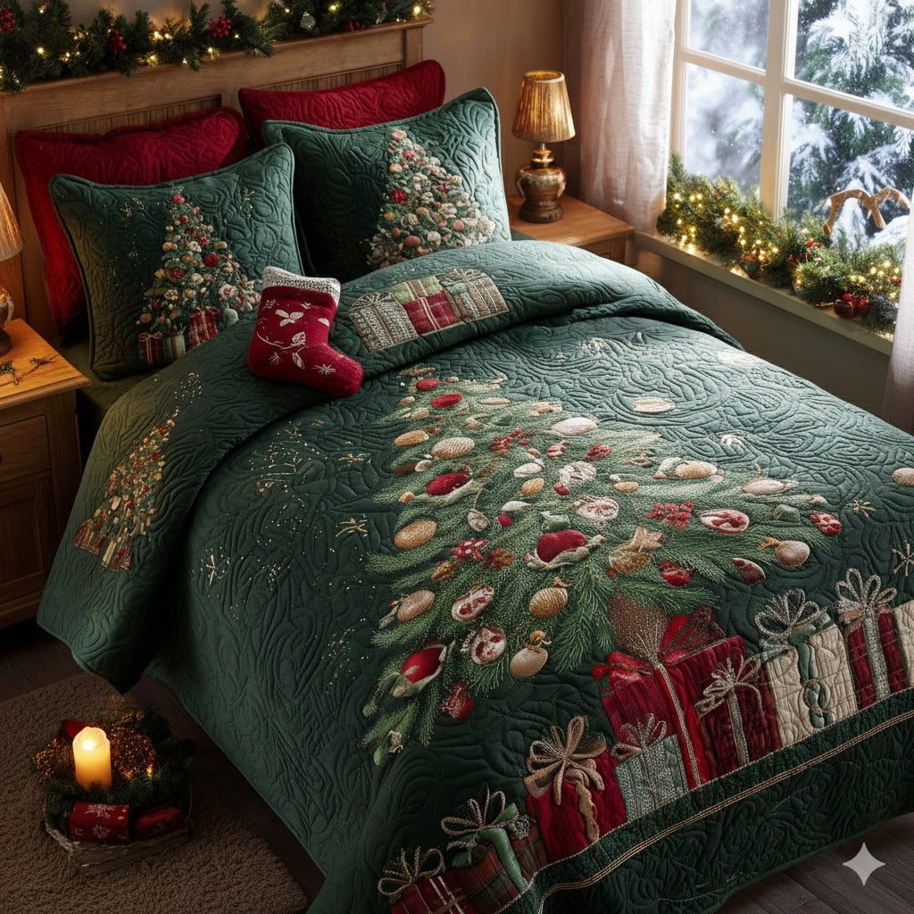 Yuletide Pines quilted 3-piece bedding set on a made bed with two matching pillow shams