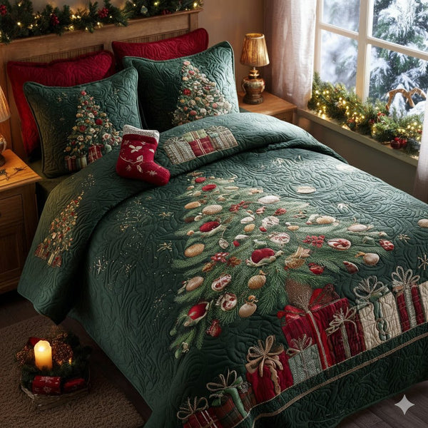 Yuletide Pines quilted 3-piece bedding set on a made bed with two matching pillow shams