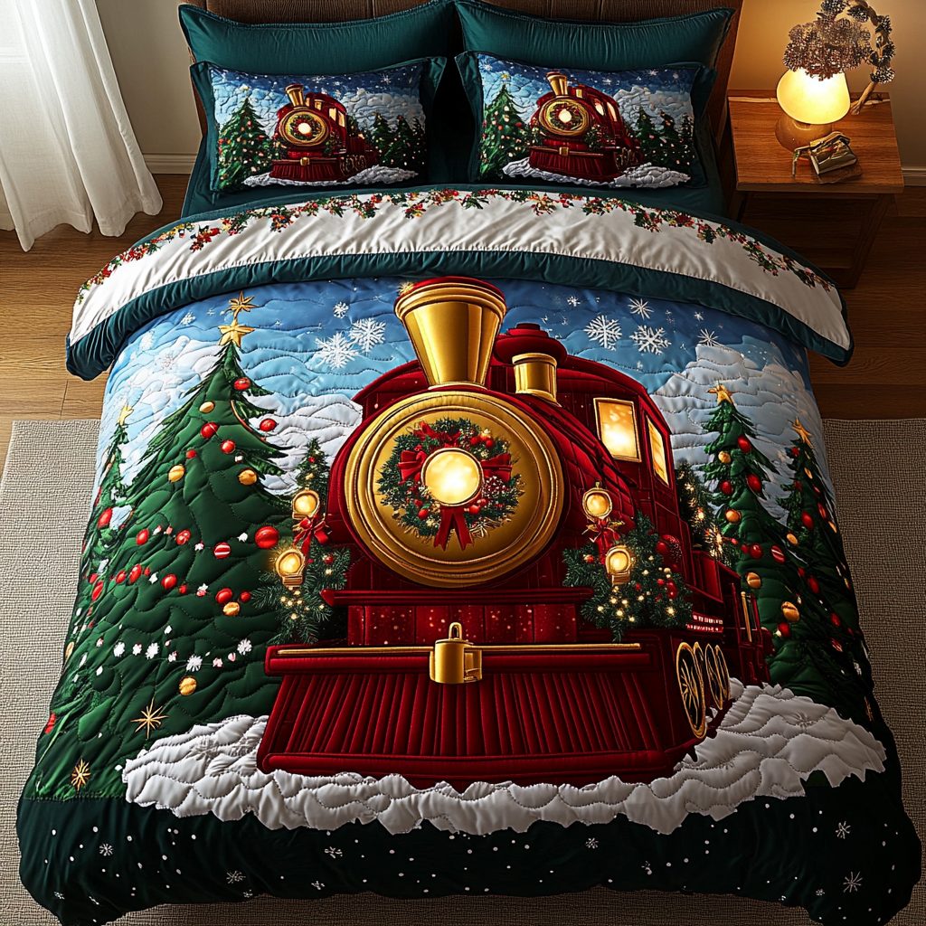 Yuletide Railway Magic quilted 3-piece bedding set on a made bed with two matching pillow shams