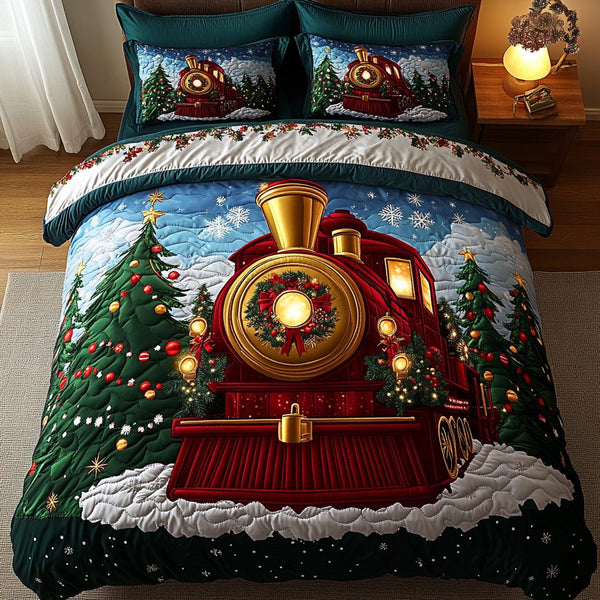 Yuletide Railway Magic quilted 3-piece bedding set on a made bed with two matching pillow shams