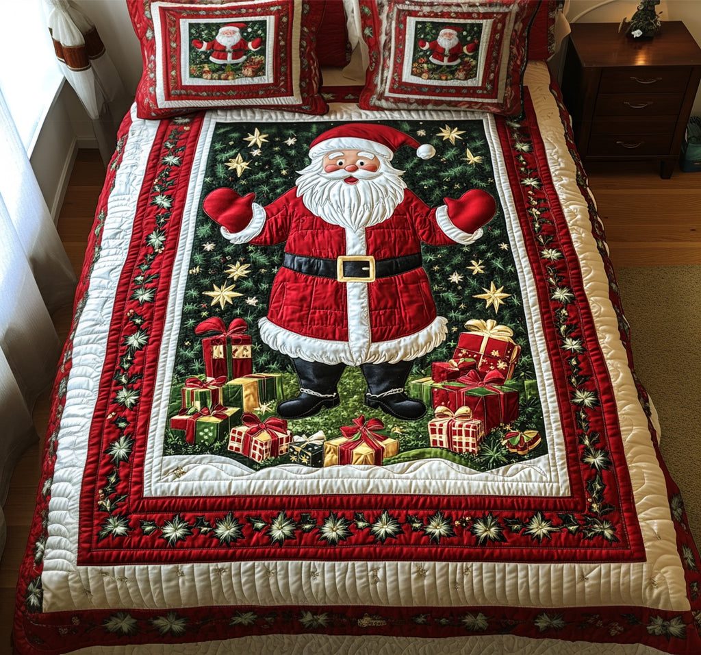 Yuletide Rest quilted 3-piece bedding set on a made bed with two matching pillow shams