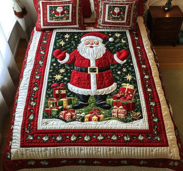Yuletide Rest quilted 3-piece bedding set on a made bed with two matching pillow shams