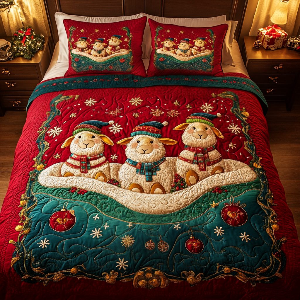 Yuletide Sheeps quilted 3-piece bedding set on a made bed with two matching pillow shams