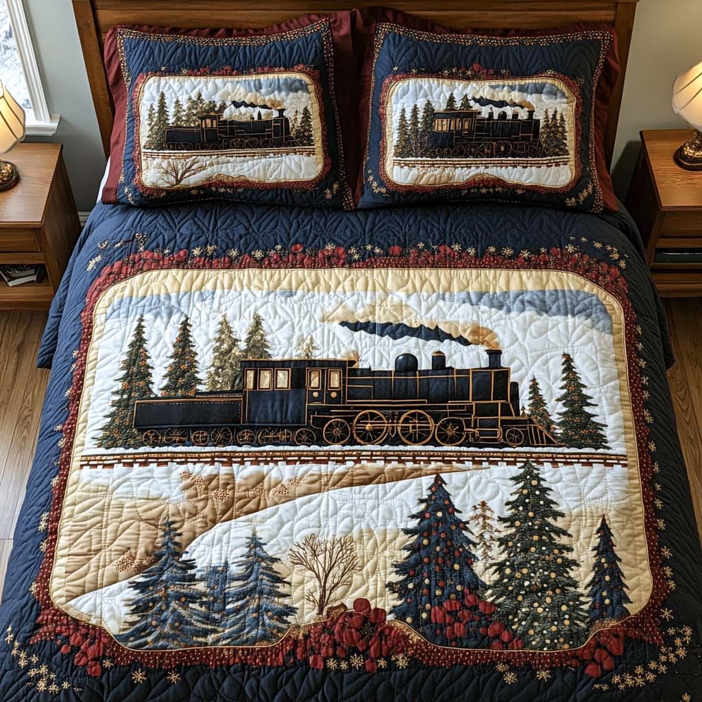 Yuletide Train Ride quilted 3-piece bedding set on a made bed with two matching pillow shams
