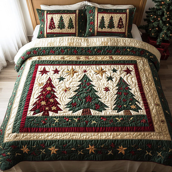 Yuletide Tree quilted 3-piece bedding set on a made bed with two matching pillow shams