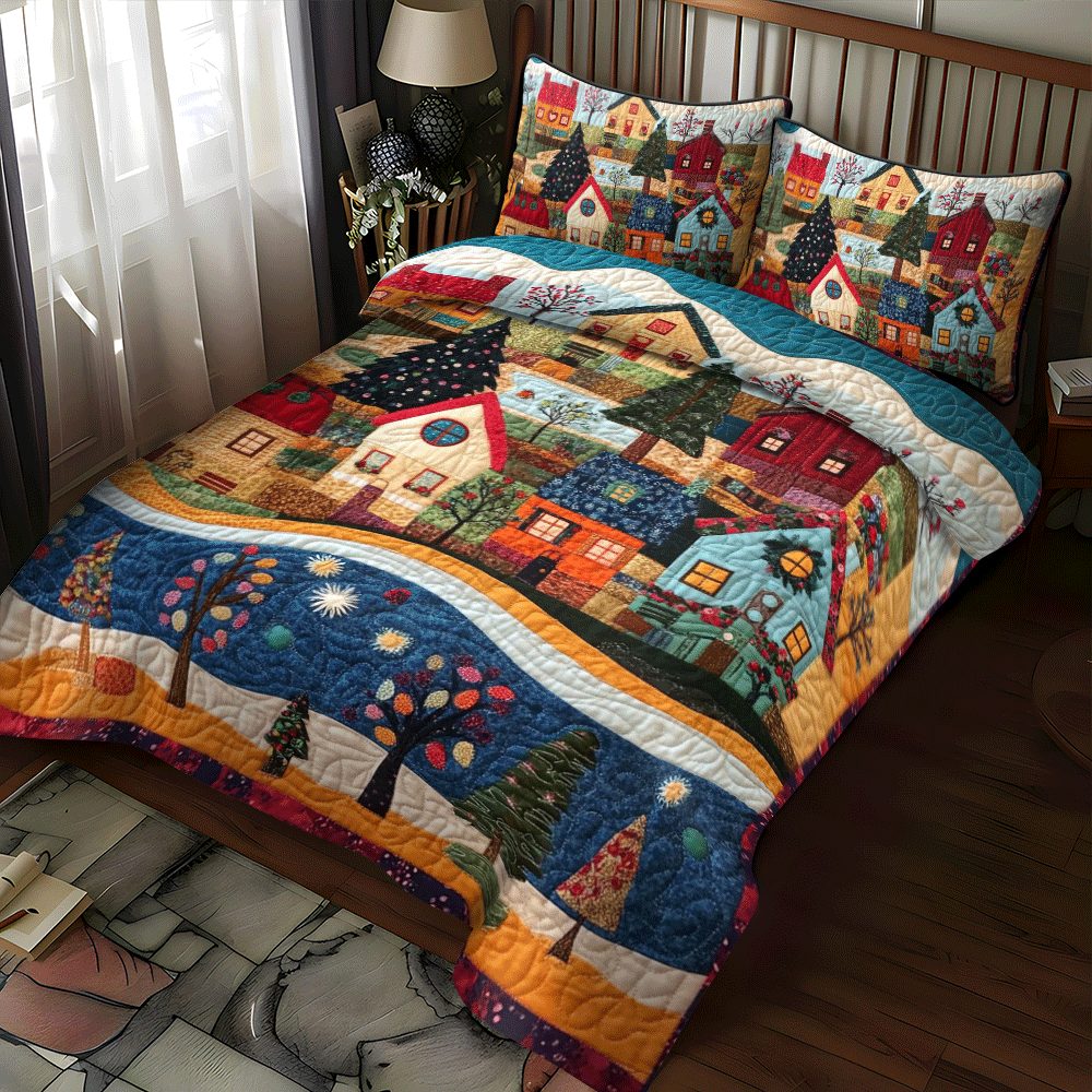 Yuletide Warmth quilted 3-piece bedding set on a made bed with two matching pillow shams