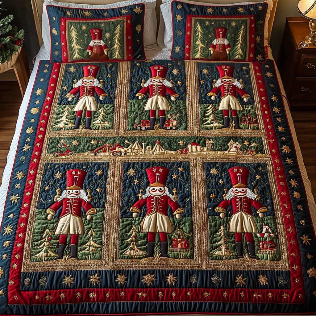 Yuletide Watch quilted 3-piece bedding set on a made bed with two matching pillow shams