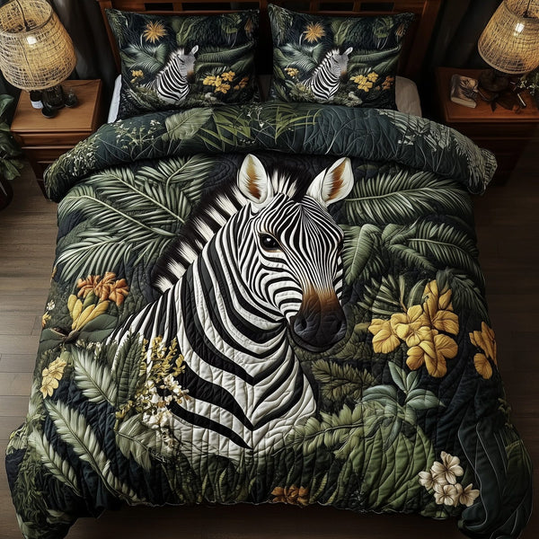 Zebra Floral Wilderness quilted 3-piece bedding set on a made bed with two matching pillow shams