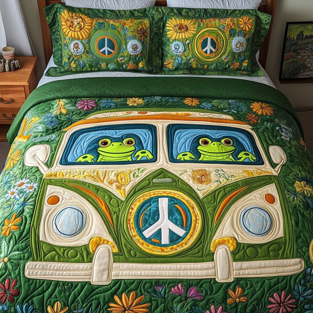 Zen Cruise quilted 3-piece bedding set on a made bed with two matching pillow shams