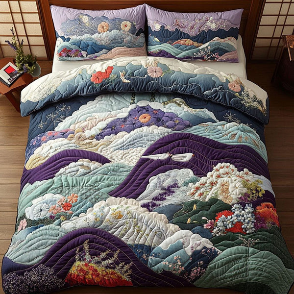 Zen Garden Flow quilted 3-piece bedding set on a made bed with two matching pillow shams