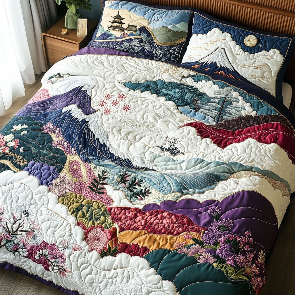 Zen Garden Harmony quilted 3-piece bedding set on a made bed with two matching pillow shams