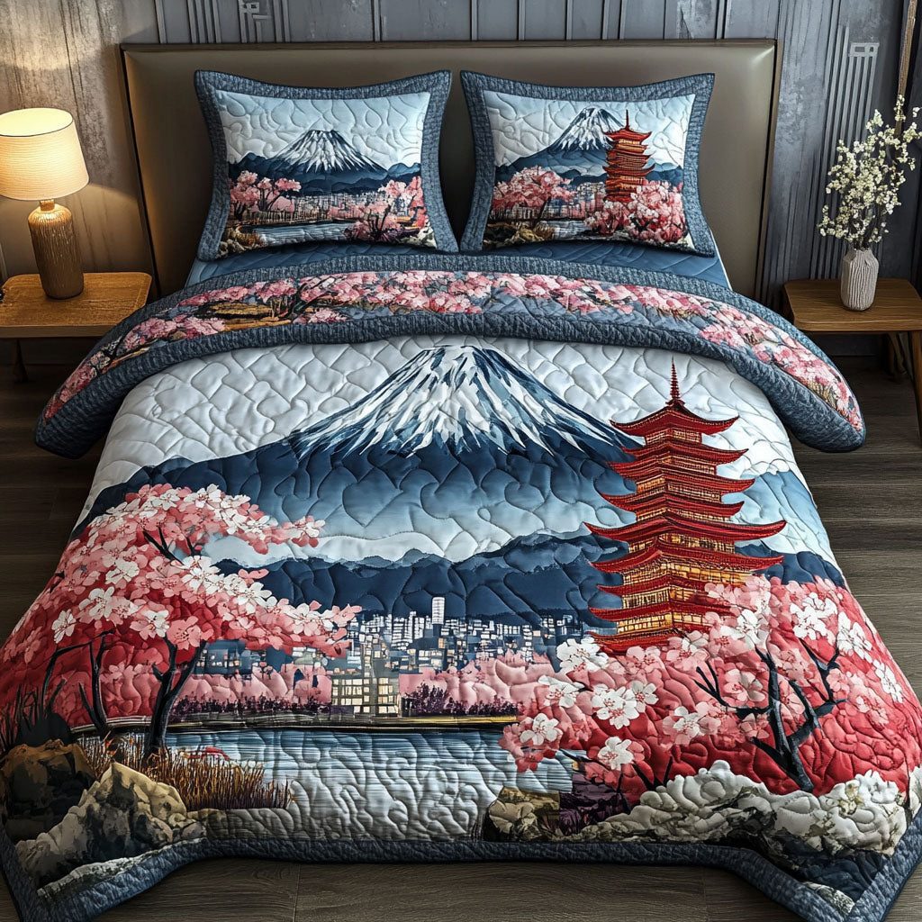 Zen Garden quilted 3-piece bedding set on a made bed with two matching pillow shams
