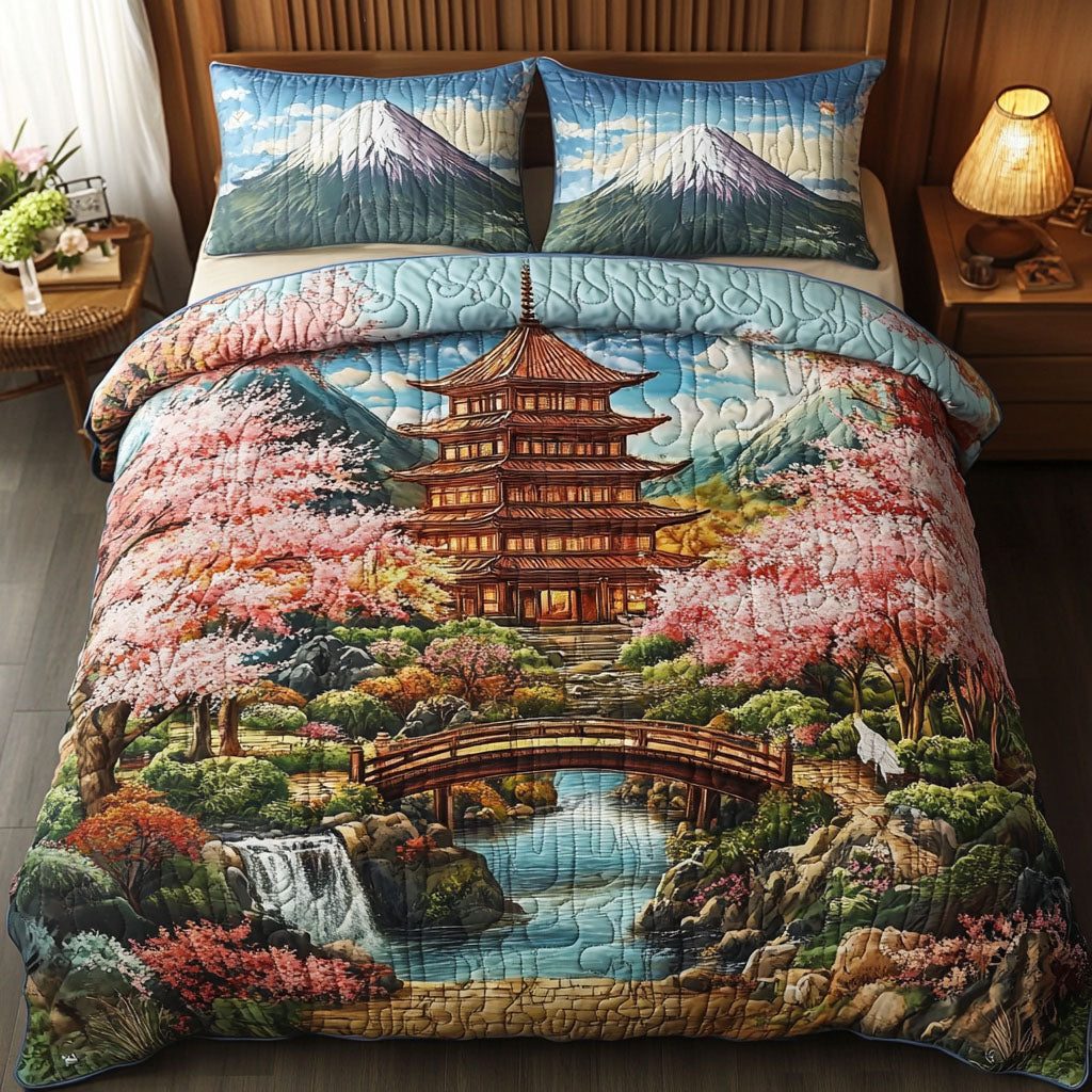 Zen Harmony quilted 3-piece bedding set on a made bed with two matching pillow shams