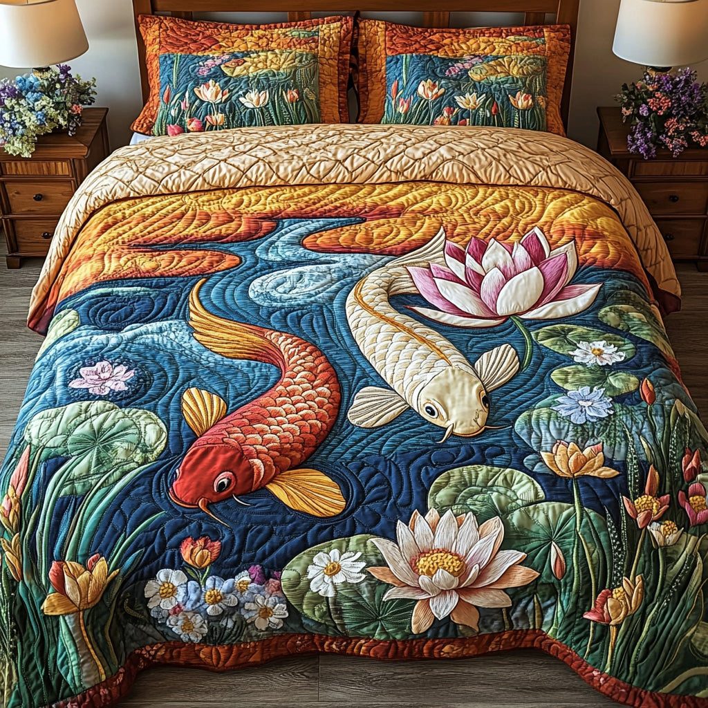 Zen Waters quilted 3-piece bedding set on a made bed with two matching pillow shams