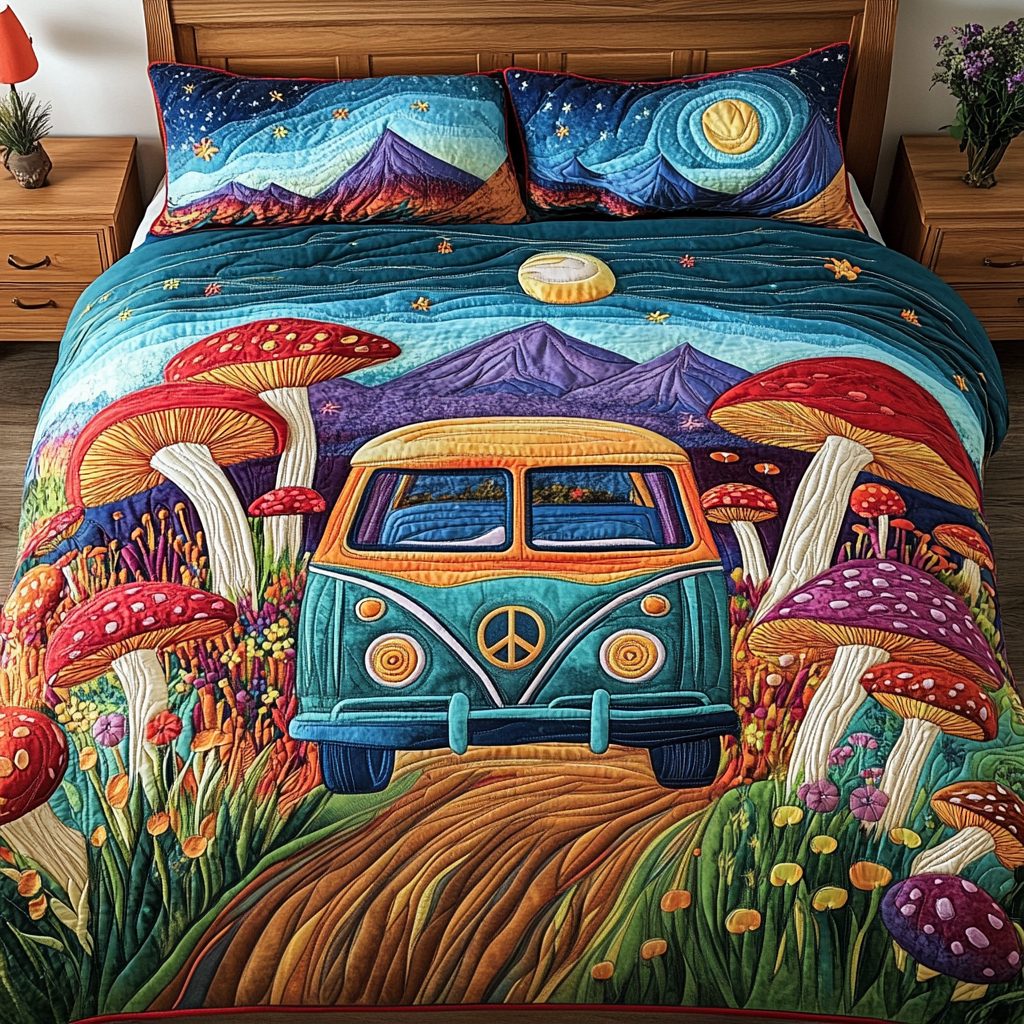 Zen Wheels quilted 3-piece bedding set on a made bed with two matching pillow shams